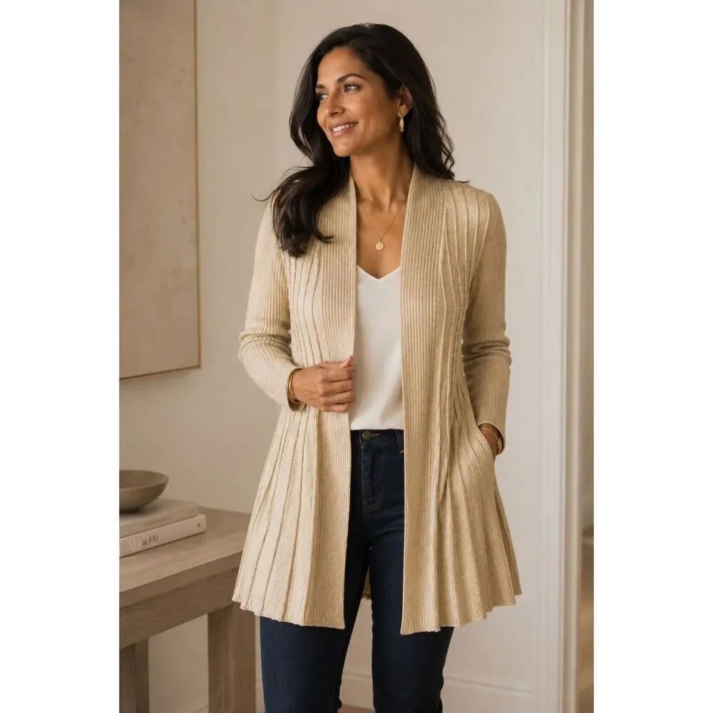 Tahari Women’s Fluted Cardigan Gold Lurex Cream Metallic Sz Large